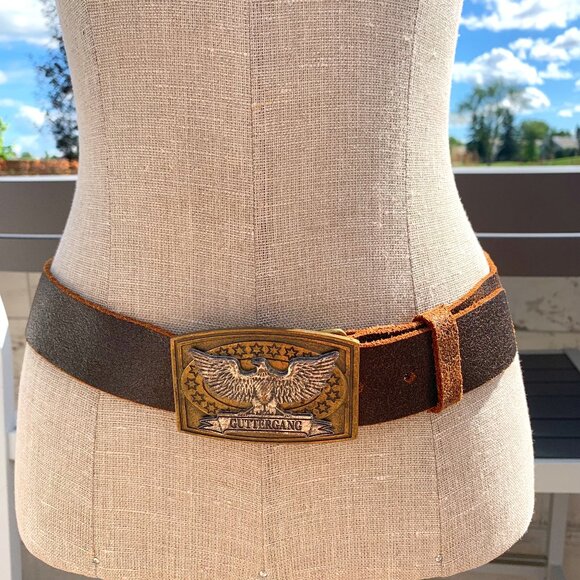 Vintage Y2K Distressed Brown Leather Brass Silver Eagle Buckle Waist Belt - Picture 3 of 16